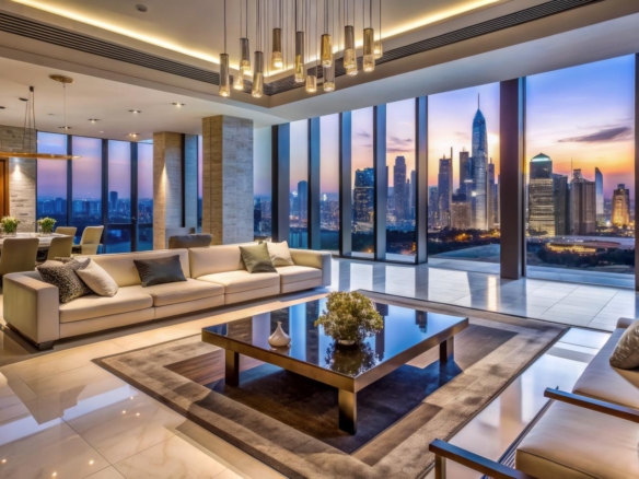 Luxurious fully-furnished contemporary house with sleek decorations, marble flooring, and stunning city views, set against the iconic Dubai Emirates skyline at dusk.