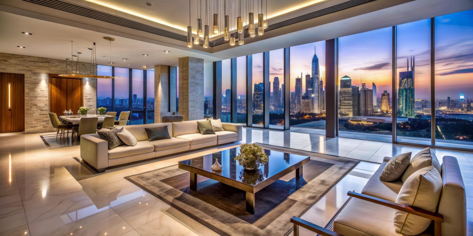 Luxurious fully-furnished contemporary house with sleek decorations, marble flooring, and stunning city views, set against the iconic Dubai Emirates skyline at dusk.